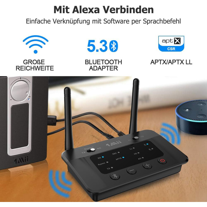 1Mii B03 Bluetooth 5.3 Передавач Bluetooth для TV з aptX HD, низькою затримкою, для 2 навушників, велика відстань, оптичний, AUX, RCA