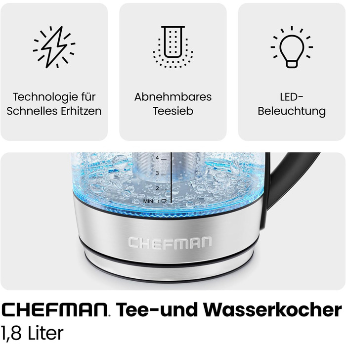 Chefman Electric Glass Kettle - 1.8L with Temperature Control, Stainless Steel, Removable Infuser, Auto Shutoff, LED Display, Silver - Tea Kettle