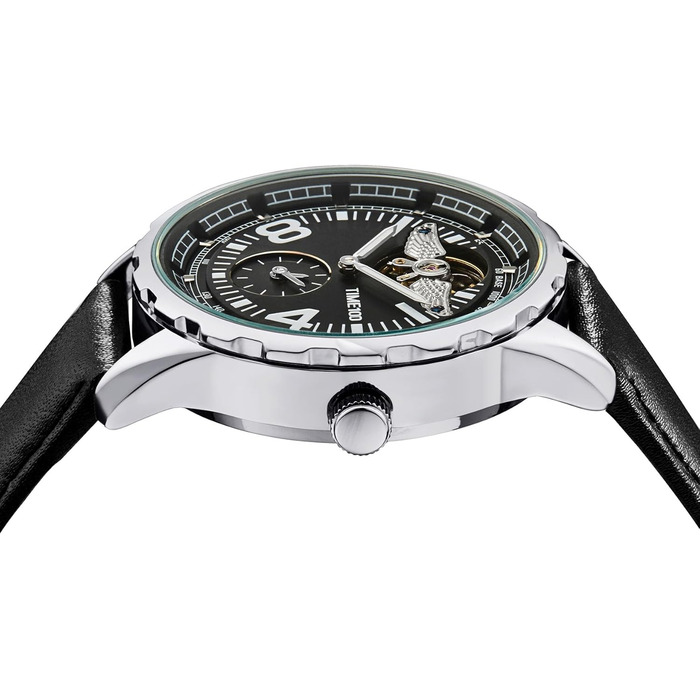 TIME100 Автоматичний годинник для чоловіків: водонепроникний, зі світлодіодами, серія Pilot, Angel Wing, бізнес-стиль, механічний годинник з шкіряним/силіконовим ремінцем, скелетний дизайн (чорний/сріблястий)