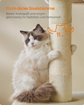 Feandrea Cat Tree, 84 cm Cat Tree, L, Cat House for Large Cats up to 7 kg, Large Platform, 2 Cat Caves, Sisal Posts, PCT61W (XL (68 x 48 x 101 cm), Beige)