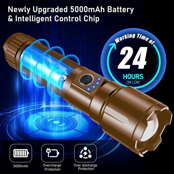 Ліхтар LED Blukar, перезарядна, надпотужний, з регулюванням фокусу, 5 режимів, водонепроникний IP67, для кемпінгу, туризму, риболовлі, надзвичайних ситуацій (колір: коричневий)