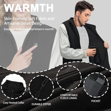 Обогреваемый жилет с аккумулятором 27000mAh 7.4V флисовый жилет, электрический жилет с 13 зонами нагрева, 3 режима температуры, мужской/женский, XL, глубокий черный