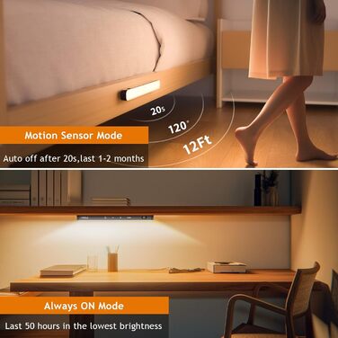 LED Closet Light with Motion Sensor, Battery Level Indicator, 2 Pack Under Cabinet Light Kitchen LED, USB Battery Powered Closet Light, Motion Sensor Cabinet Lights, 3000K