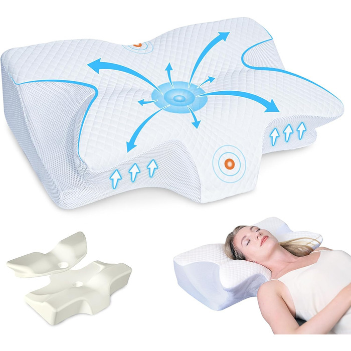 HOMCA Orthopedic Pillow, Neck Pillow, Memory Foam Pillow, Ergonomic Pillow with Soft/Firm Options Available, Removable, for Back, Side, and Stomach Sleepers, 60 * 44 * 13/14.5cm