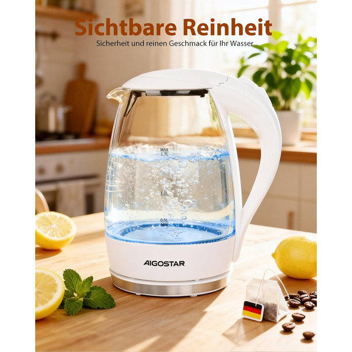 Електричний чайник Aigostar 1.7 л, 2200 Вт, зі скляною колбою, LED-підсвічуванням, без BPA, з фільтром від накипу, чорний (Eve)