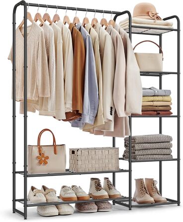 SONGMICS Clothes Rack, Open Closet, Clothes Rail, Coat Rack with Shelves, Metal Wardrobe, Freestanding, Matte Black LGR462B01