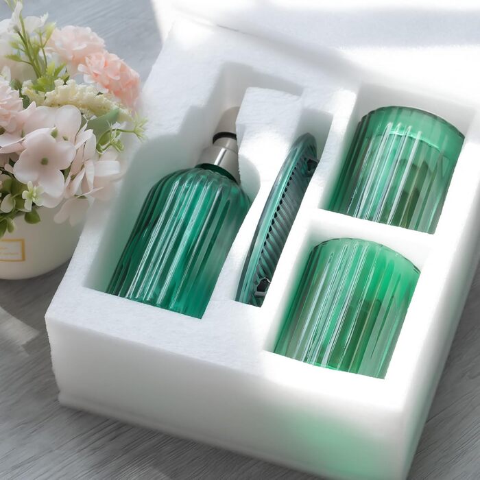 Umimile Bathroom Accessory Set, 6-Piece, Green Glass, Complete Toothbrush Holder, Cup, Lotion Dispenser, Soap Dish, Vanity Organizer, Aromatherapy Cup for Apartment, Bathroom Decor (Creen, 4 Pcs Bathroom Set)