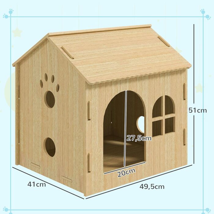 PawHut Indoor Pet House with Window - Wooden Dog & Cat Bed, No-Screw Assembly, Small Pets Up to 4kg, Oak Finish