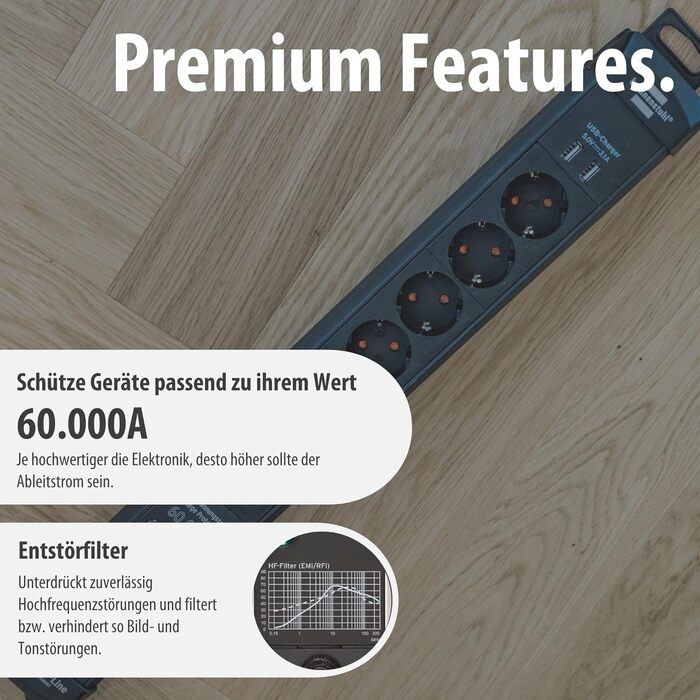 Брененштуль Steckdosenleiste Premium-Line: Розподільник розеток 6-фазний з захистом від перенапруги до 60000A, з вимикачем, 3м кабель, 2x USB 3.10A, для монтажу на стіну, Made in Germany, чорний, захист від витоку струму 60000A