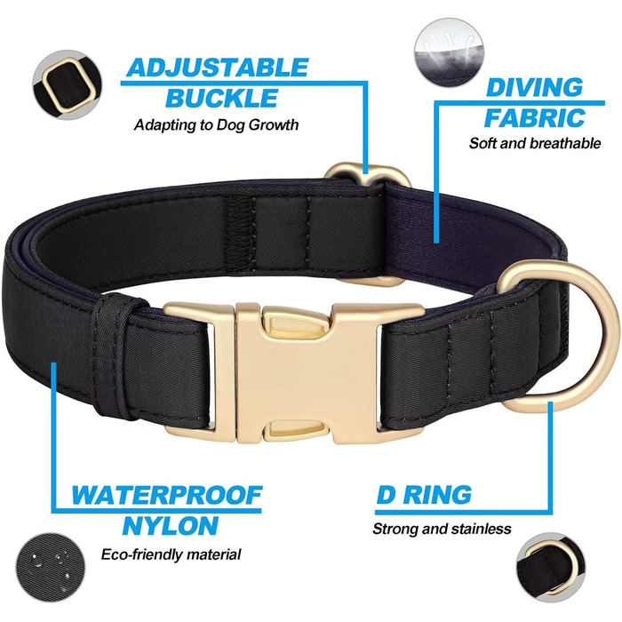 Нашийник для собак Didog з нейлону, м'який, з металевою застібкою, для великих, середніх собак, чорний, L (38-58 см)