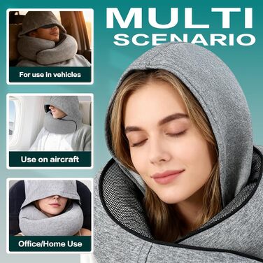 Подушка для шиї в літак/автомобіль/потяг: регульована подушка з Memory Foam, капюшоном, маскою для сну та чохлом. Підтримка голови та шиї для комфортної подорожі.