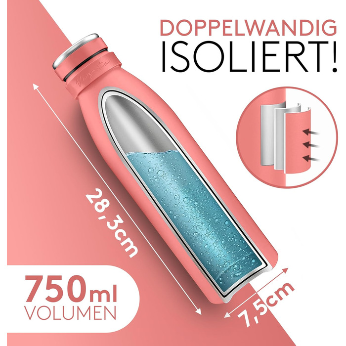 Термофляга Vezato Edelstahl 750 мл корал, ізольована, нержавіюча сталь, BPA-free, для газованих напоїв, екологічна