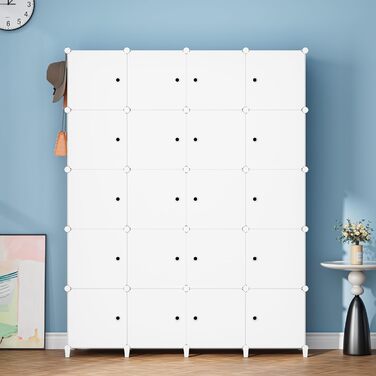 HOMIDEC Wardrobe, Portable Shelving System, 20-Cube Closet Organizer made of Plastic with 2 Clothes Rods, Bedroom Wardrobe Closet White for Bedroom, 180 x 142 x 45cm