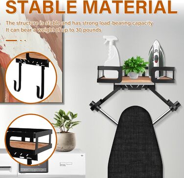 Настінна вішалка для праски та гладильної дошки з металевою конструкцією та кошиком для зберігання (чорна)