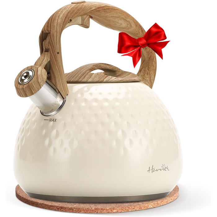 Чайник для плити Harriet Teekessel, 2.5 QT з флейтою, з 5-шаровим дном, з нержавіючої сталі, з термостійкою ручкою, підходить для газових та електричних плит, червоний глянцевий (бежево-білий глянцевий)