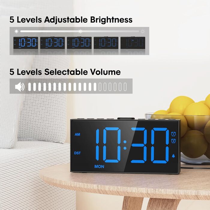 Loud Vibration Alarm Clock for Deep Sleepers, Dual Alarm with Weekend Mode, Large Digital Display, Dimmer, Battery Backup, USB Charger, Vibration Alarm Clock for Deaf/Hard of Hearing Digital Clock