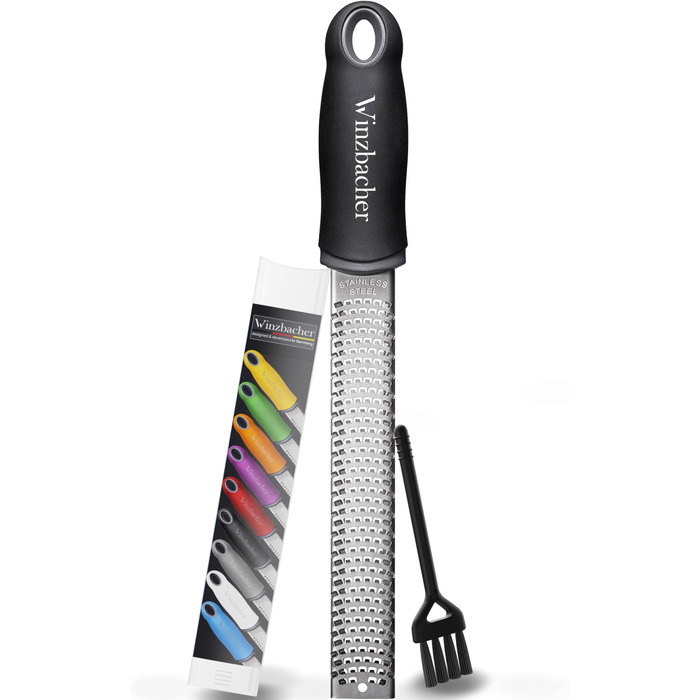 Преміум тертка для цитрусових та імбиру, терка для пармезану та мускатного горіха, нержавіюча сталь, миється в посудомийній машині, з захистом та щіткою для чищення. Чорний колір