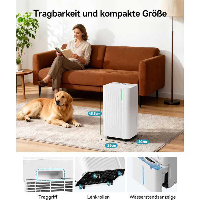 EUHOMY Електричний осушувач повітря 12л/24г, тихий та енергоефективний, з відведенням води, автоматичним розморожуванням, 3 режими, для квартири 25м²/122м³, спальні, підвалу