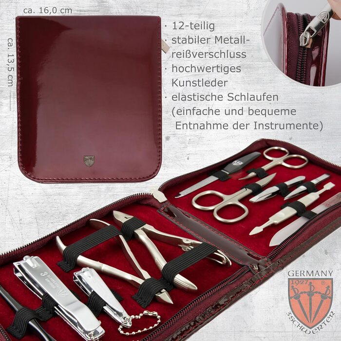 Набір для манікюру та педикюру 'Firenze' 12 предметів | Якісний футляр з екошкіри для догляду за руками та ногами. Колір: Бордовий | Вміст: ножиці для нігтів, кусачки, пінцет та багато іншого
