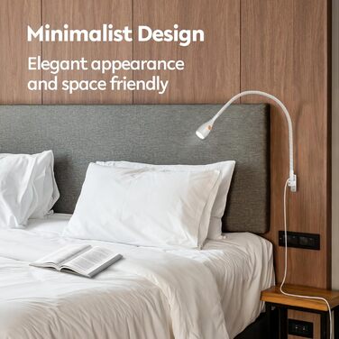 Світлодіодна настільна лампа Acegoo для читання з гнучким регульованим кронштейном (білий). Лампа для ліжка, настінна, диммована, 3000K, поворотна головка для спальні та книг.