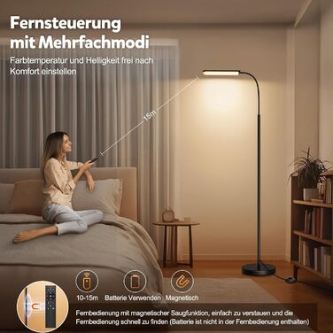 LED-лампа Handsonic на ніжці, 18W, 1650LM, чорна, з регулюванням яскравості, 360° гнучкий шийка, диммер, пульт дистанційного керування, ретро-дизайн, для вітальні та читання