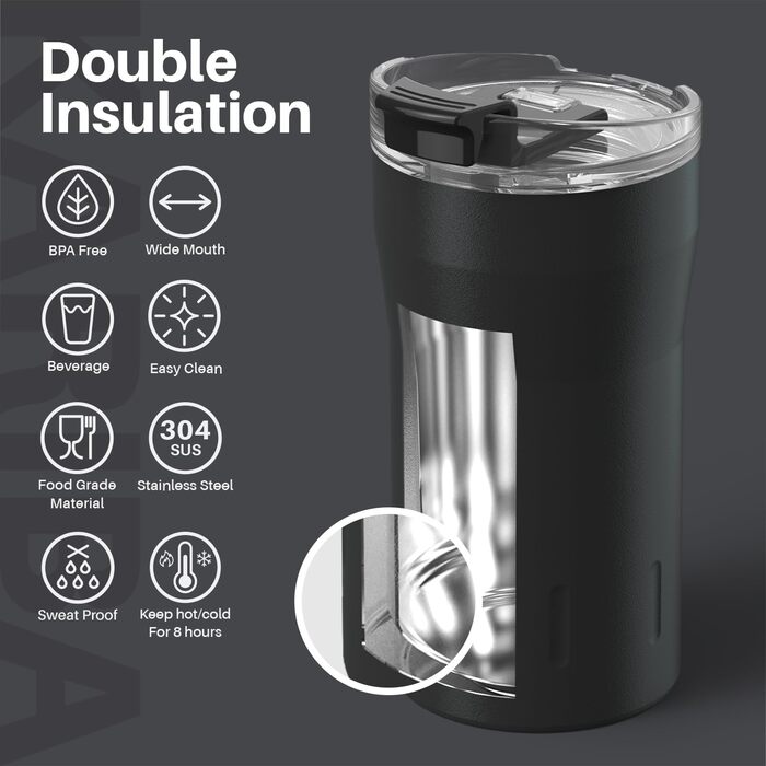 Термокружка SANTECO з нержавіючої сталі 18/8, подвійні стінки, ізольована, 350 мл, темно-зелена, з прозорою кришкою, BPA-free, витримує до 6 годин тепла, 100% без витоку