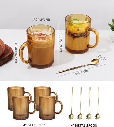 Набір з 4 чашок капучино 350мл, скляні, з рифленням, для лате/капучино/напоїв/кави/чаю - золоті