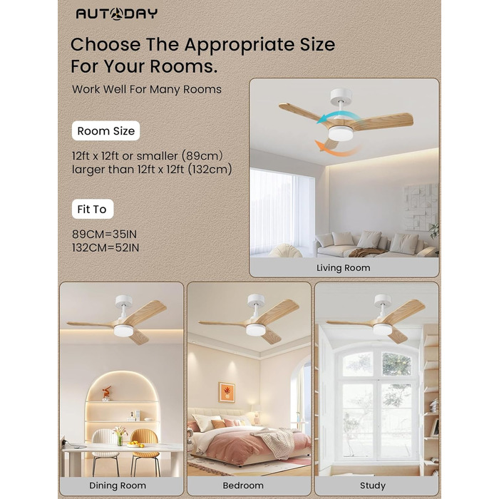 Стеляний вентилятор Holz з підсвіткою, тихий DC-двигун, 90 см, для вулиці, 3 дерев'яних лопаті, диммування LED 24W, пульт з пам'яттю, 6 швидкостей, таймер (світла текстура дерева, 75 см)