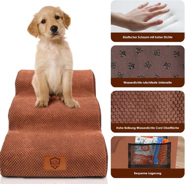 Calling Dog Stairs, Dog Stairs for Small Dogs, Waterproof Dog Stairs 40 cm High, Injury Prevention High-Quality Sponge Cat Stairs, Non-Slip Washable Dog Ramp for Sofa Bed Car (3-Step Dog Stairs, Brown)