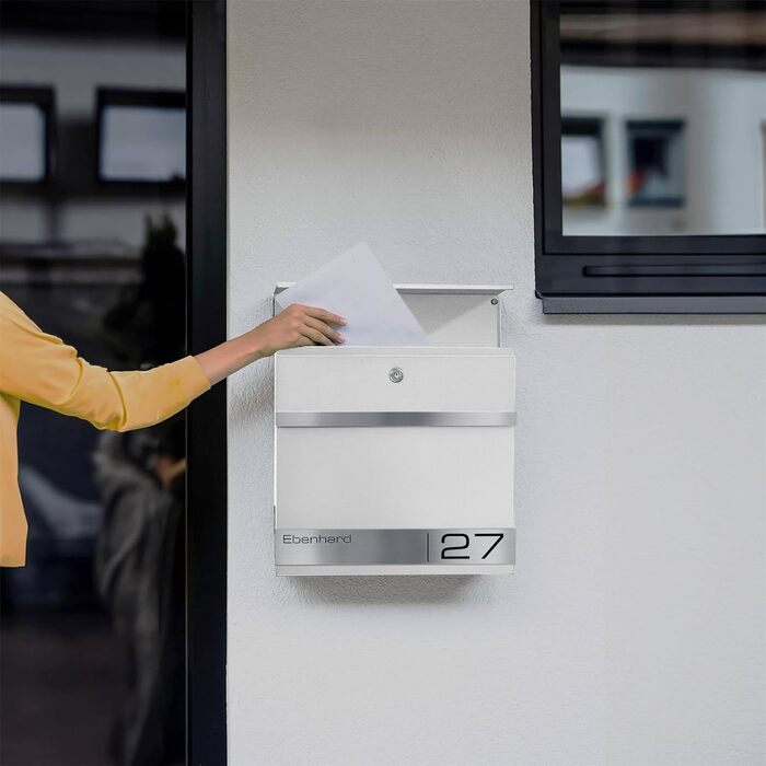 Поштова скринька Metzler Premium з газетницею, антрацит. Персоналізована з табличкою для імені. Якісна настінна поштова скринька з нержавіючої сталі V2A з порошковим покриттям RAL 7016, модель Stencil (біла)