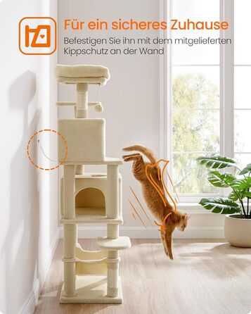 Драбина для котів Feandrea, 155 см, з 5 стовпчиками для шліфування, 2 платформами, 2 будиночками, гамаком, 2 іграшками-кульками, плюш, багатоярусна, бежева, PCT192M01