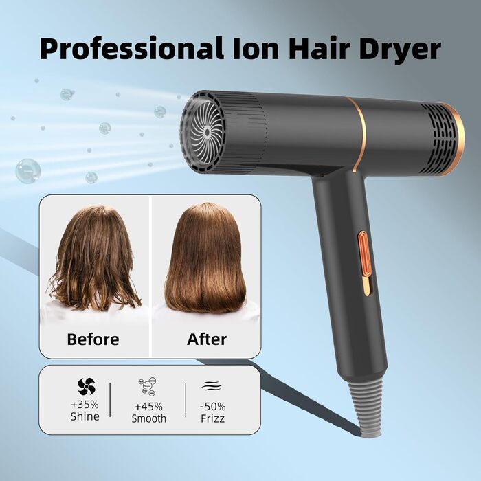 Фен Journeyside Ionen 1600W: Професійний, Швидкий, з Контролем Температури, Anti-Frizz, для Дома та Подорожей (Чорний)