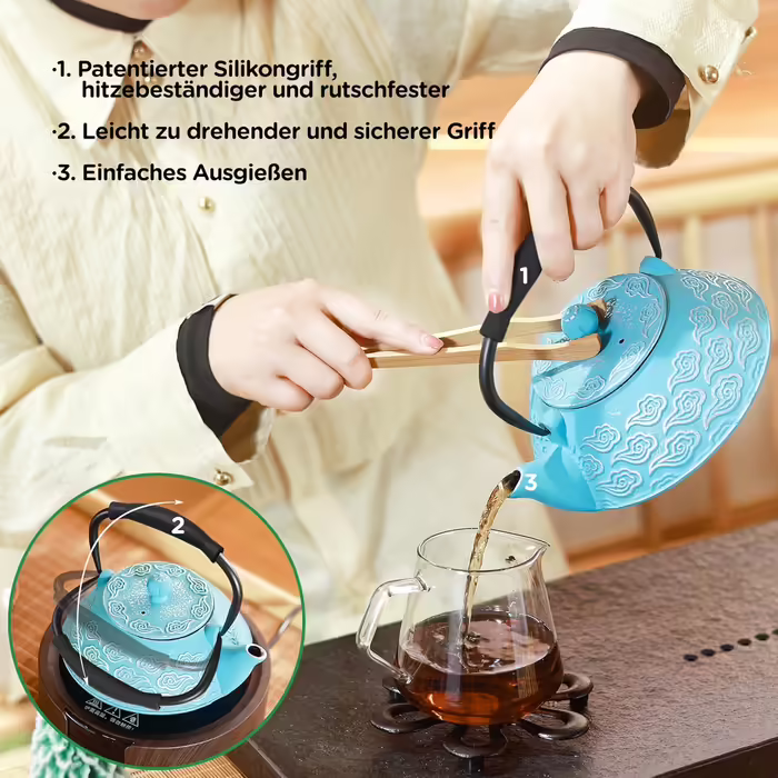 Cast iron teapot, Japanese teapot with infuser for loose tea, 800ml teapot suitable for stovetops, with enameled interior coating, cloud pattern, 27oz Green (Sky-blue)
