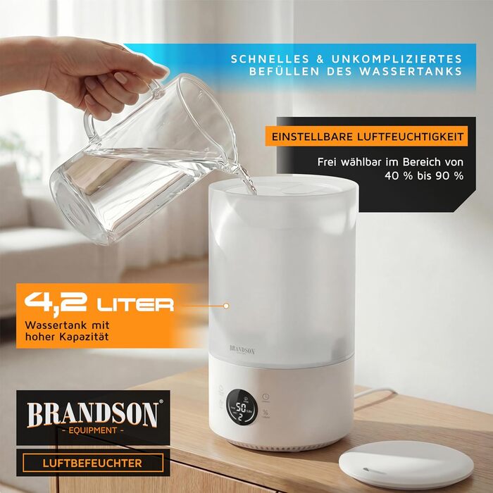 Зволожувач повітря Brandson з цифровим дисплеєм та пультом дистанційного керування, 4.2 л, таймер, 3 режими туману, тиха робота, функція Sleep, для спальні, дитячої кімнати, офісу