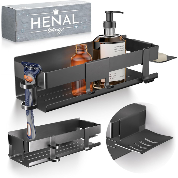 HENAL Shower Shelf Set 5 in 1, Matte Black Stainless Steel Shower Shelf (No Drilling Required), Shower Rack including Razor Holder, Squeegee Holder, Soap Dish & Hook, XXL Bathroom Organizer