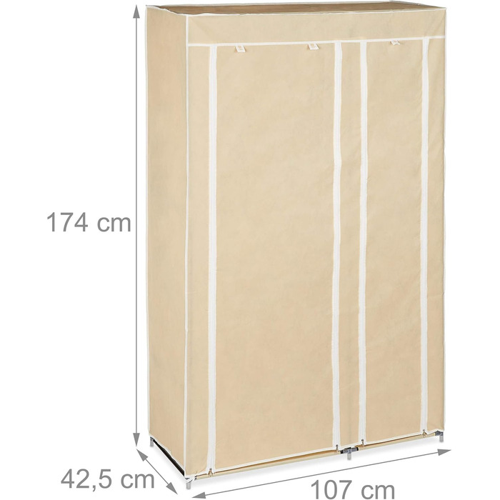 Relaxdays Fabric Wardrobe with Clothes Rail & 5 Compartments, HBT: 174 x 107 x 42.5 cm, Sturdy Folding Wardrobe with Cover, Beige