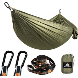 Легка туристична гамак NATUREFUN для кемпінгу | 300 кг вантажопідйомність, 275 x 140 см | Дихаючий, швидковисихаючий нейлон, 2 карабіни, 2 петлі | Для дому, саду, відпочинку на природі