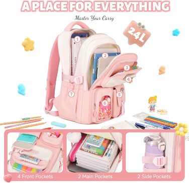 Шкільний рюкзак для дівчаток-підлітків, рожевий, з помпоном, тролей-петлею та світловідбивачами. Великий рюкзак для школи та подорожей, 3-7 клас, водонепроникний