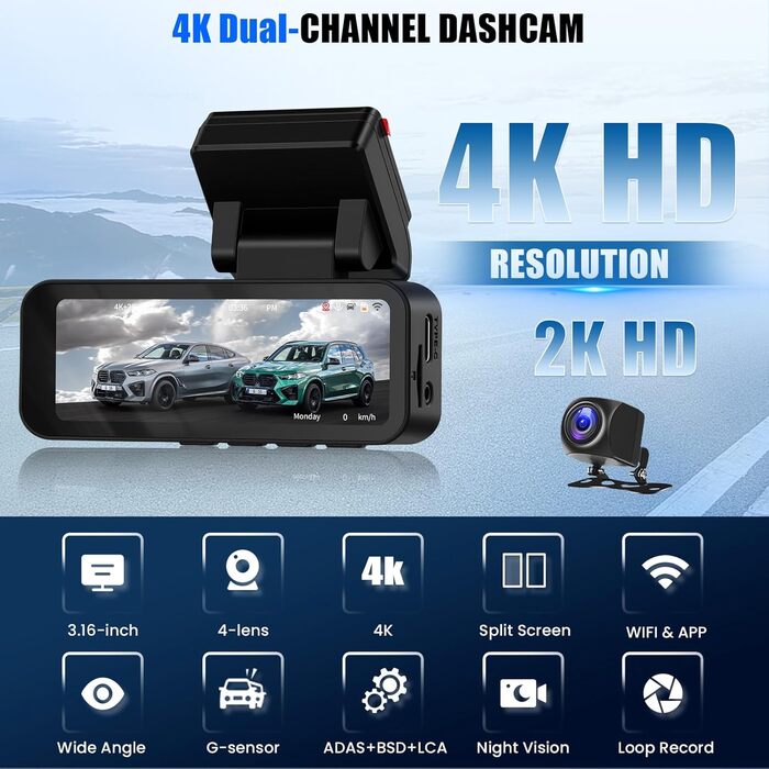 Відеореєстратор CAMECHO 4K Dual (передній + задній) з GPS, WiFi, ADAS, BSD, LCA, нічна зйомка, 150° кут огляду, IPS 3.16