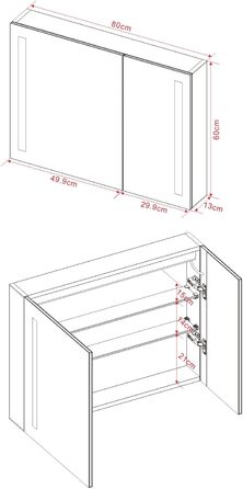 Дзеркальна шафа для ванної кімнати AQUABATOS з розеткою та підсвічуванням LED, 50x70 см. Шафа для ванної кімнати з дзеркалом, інфрачервоний датчик, регулювання яскравості, проти запотівання, холодне біле світло.