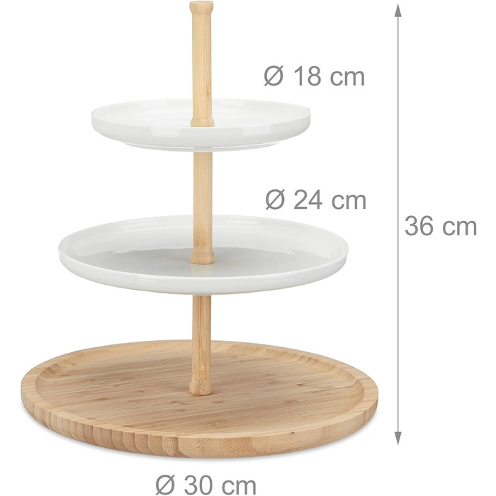 Relaxdays Bamboo and Ceramic Tiered Serving Tray, 3-Tier, DxH: 30 x 36 cm (Diameter x Height) for Cookies, Fruit, Snacks, natural white