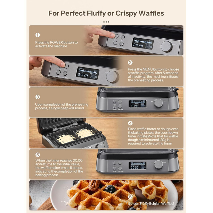 1600W Belgian Waffle Maker - 5 Programs, 7 Browning Levels, LCD Display, Timer, Stainless Steel
