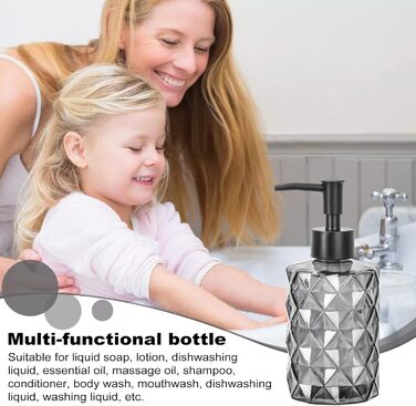 Дозатор мила чорний, скляний дозатор для ванної кімнати, наповнюваний дозатор з нержавіючою сталею, 2 підставки, 330 мл, вінтажний дизайн