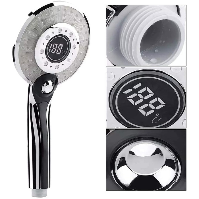 LED Shower Head, Rain Shower with 3 Color Changing Lights, Temperature Control, Handheld Shower with Digital Temperature Display, Large, Water-Saving, Pressure-Boosting Shower Head, Chrome