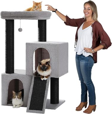 PETEPELA Scratch Tree with Dual Condos for Apartment Cats, All-in-One Cat House with Padded Perch, Scratch Ramp and Posts, and Replaceable Balls (Gray, L 113cm)