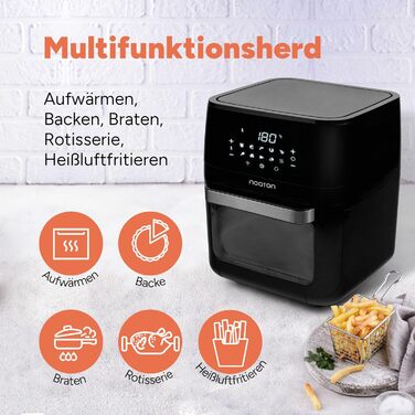 Аерофритюрниця Noaton A120 Ultra Pro 12 л, без олії, 1800 Вт, 10 програм, цифровий дисплей, компактна, для 1-4 осіб, з кулінарною книгою та кухонними щипцями, чорна