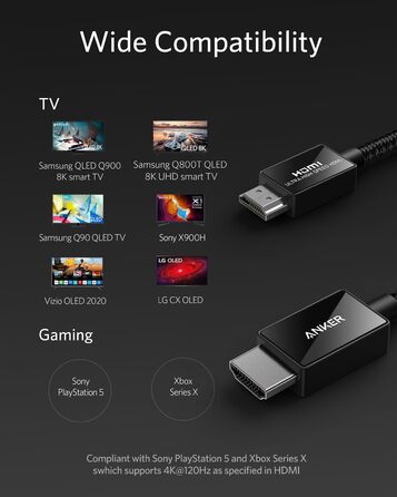 HDMI кабель Anker 8K 60Hz, 2м, Ultra HD, 48Gbps, eARC, Dolby Atmos, сумісний з Xbox Series X, TV