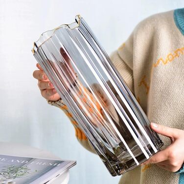 Висока скляна ваза для квітів, велика ваза-циліндр для декору столу (сіра, 12x12x30 см)