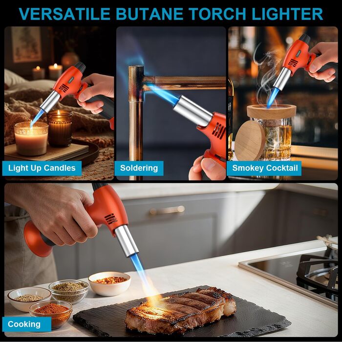 Нагрівач для крем-брюле, що перезаряджається, з регулюванням полум'я, для десертів, BBQ (без бутану) (Помаранчево-чорний)