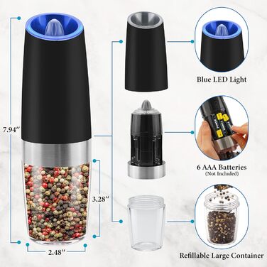 Електричні соляні та перечні млини 2 шт. з LED-підсвічуванням, USB-зарядка, регулювання помелу, чорний колір
